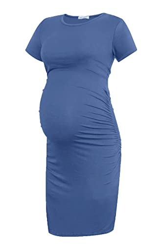 Smallshow Damen Umstandskleid Kurzarm Umstandsmode Kleid Sommer,Grey Blue,XL von Smallshow