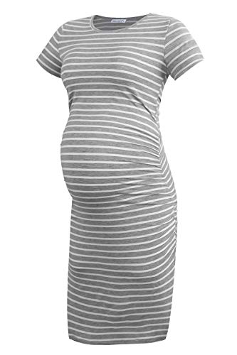 Smallshow Damen Umstandskleid Kurzarm Umstandsmode Kleid Sommer,Light Grey Stripe,L von Smallshow