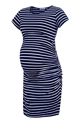 Smallshow Damen Umstandskleid Kurzarm Umstandsmode Kleid Sommer,Navy Stripe,S von Smallshow