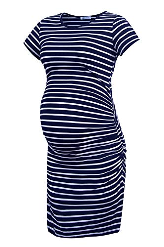 Smallshow Damen Umstandskleid Kurzarm Umstandsmode Kleid Sommer,Navy Stripe,XL von Smallshow