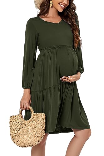 Smallshow Damen Umstandskleid Langarm Schwangerschafts Umstandsmode Kleid Army Green M von Smallshow
