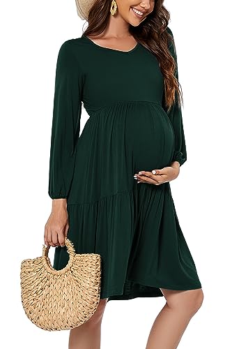 Smallshow Damen Umstandskleid Langarm Schwangerschafts Umstandsmode Kleid Deep Green L von Smallshow