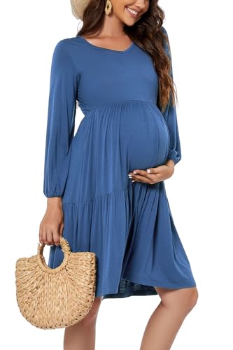 Smallshow Damen Umstandskleid Langarm Schwangerschafts Umstandsmode Kleid Grey Blue XXL von Smallshow