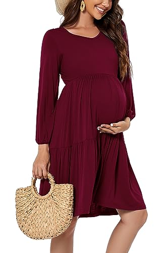 Smallshow Damen Umstandskleid Langarm Schwangerschafts Umstandsmode Kleid Maroon XXL von Smallshow
