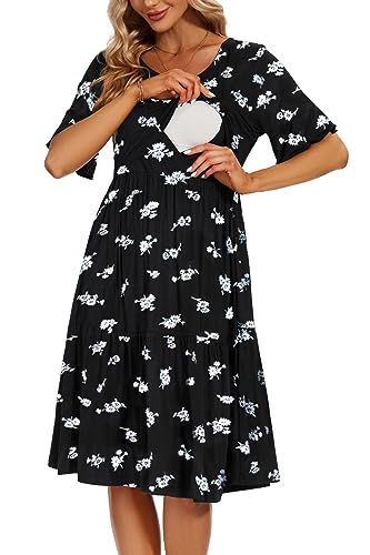 Smallshow Damen Umstandskleid Stillkleid Kurzarm Rüschen Stillkleidung, schwarze blumen, M von Smallshow