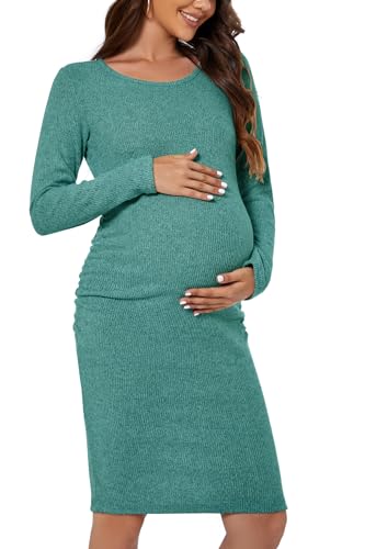 Smallshow Damen Umstandskleid Strick Langarm Schwangerschaft Kleidung, cyan, Klein von Smallshow