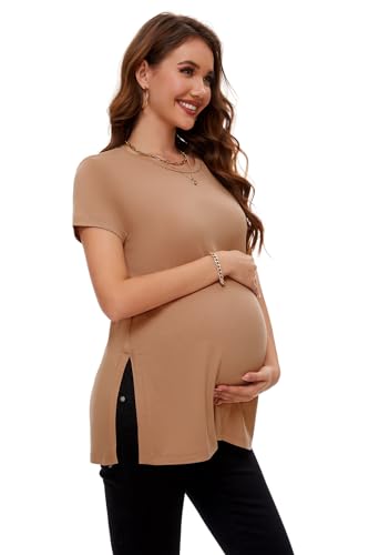 Smallshow Damen Umstandsmode Sommer Side Split Kurzarm umstandsshirt,Brown,S Smallshow Damen Umstandsmode Sommer Side Split Kurzarm umstandsshirt,Brown,S von Smallshow