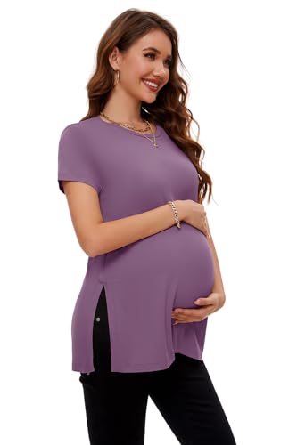 Smallshow Damen Umstandsmode Sommer Side Split Kurzarm umstandsshirt,Misty Lilac,XXL von Smallshow