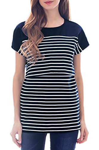 Smallshow Damen Umstandsmode Stilltops Gestreift Stillen T-Shirt, navy, Klein von Smallshow