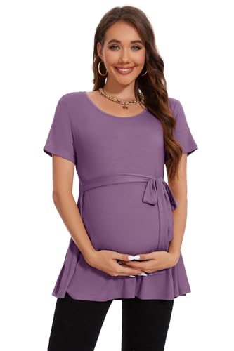 Smallshow Damen Umstandsmode Tie Front Kurzarm umstandsshirt Sommer,Misty Lilac,XXL von Smallshow