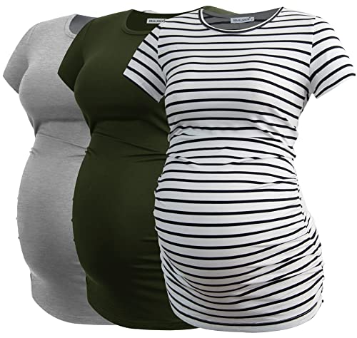 Smallshow Damen Umstandsmode Tops Seitlich Geraffte Schwangerschafts Umstandstop 3er Pack Army Green-Light Grey-White Stripe Medium von Smallshow