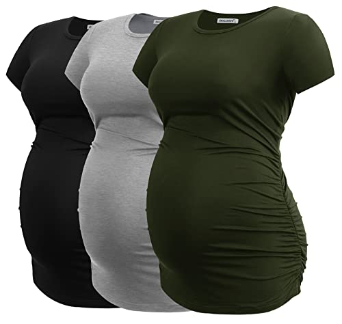 Smallshow Damen Umstandsmode Tops Seitlich Geraffte Schwangerschafts Umstandstop 3er Pack Black/Grey/Army Green L von Smallshow