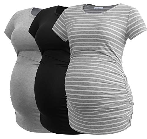 Smallshow Damen Umstandsmode Tops Seitlich Geraffte Schwangerschafts Umstandstop 3er Pack Black/Grey/Grey Stripe M von Smallshow