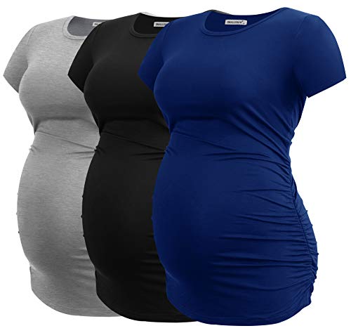 Smallshow Damen Umstandsmode Tops Seitlich Geraffte Schwangerschafts Umstandstop 3er Pack Black/Grey/Navy M von Smallshow