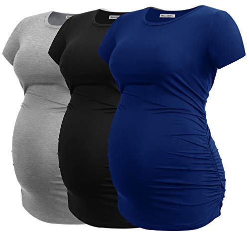 Smallshow Damen Umstandsmode Tops Seitlich Geraffte Schwangerschafts Umstandstop 3er Pack Black/Grey/Navy XL von Smallshow