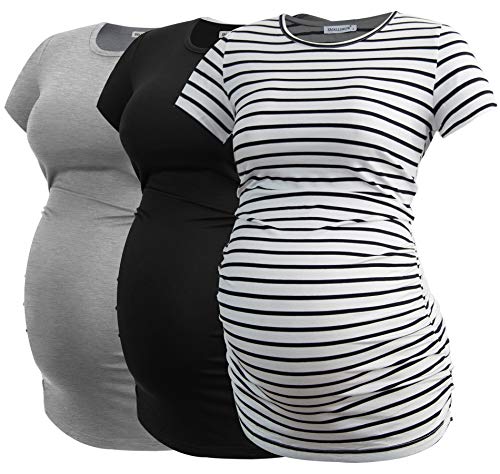 Smallshow Damen Umstandsmode Tops Seitlich Geraffte Schwangerschafts Umstandstop 3er Pack Black/Grey/White Stripe XL von Smallshow