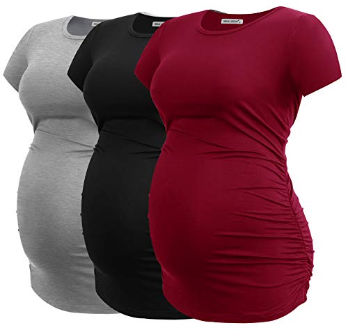 Smallshow Damen Umstandsmode Tops Seitlich Geraffte Schwangerschafts Umstandstop 3er Pack Black/Grey/Wine L von Smallshow