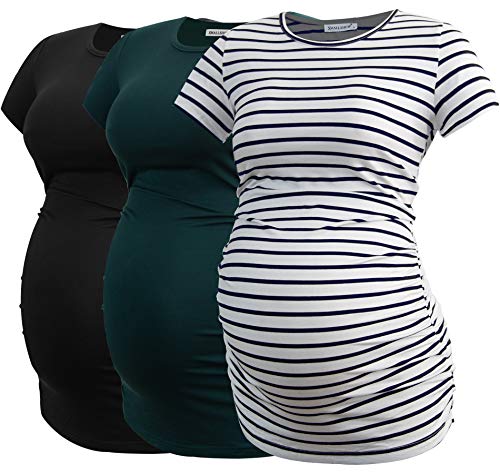 Smallshow Damen Umstandsmode Tops Seitlich Geraffte Schwangerschafts Umstandstop 3er Pack Black-Deep Green-White Stripe L von Smallshow