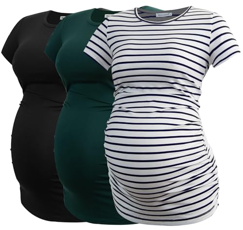 Smallshow Damen Umstandsmode Tops Seitlich Geraffte Schwangerschafts Umstandstop 3er Pack Black-Deep Green-White Stripe L von Smallshow