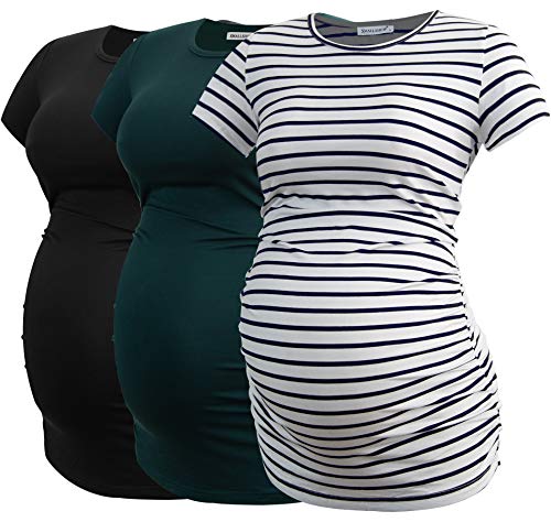 Smallshow Damen Umstandsmode Tops Seitlich Geraffte Schwangerschafts Umstandstop 3er Pack Black-Deep Green-White Stripe M von Smallshow