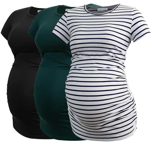 Smallshow Damen Umstandsmode Tops Seitlich Geraffte Schwangerschafts Umstandstop 3er Pack Black-Deep Green-White Stripe M von Smallshow