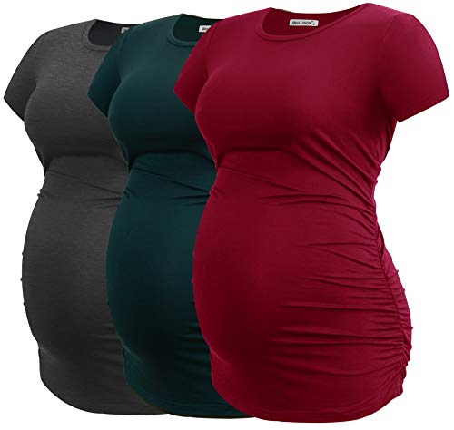 Smallshow Damen Umstandsmode Tops Seitlich Geraffte Schwangerschafts Umstandstop 3er Pack Deep Green-Deep Grey-Wine L von Smallshow