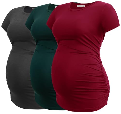 Smallshow Damen Umstandsmode Tops Seitlich Geraffte Schwangerschafts Umstandstop 3er Pack Deep Green-Deep Grey-Wine M von Smallshow