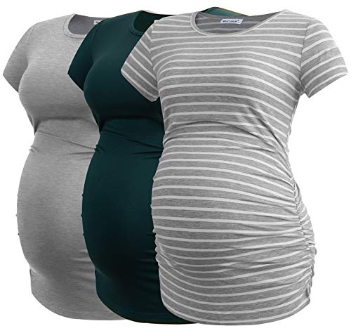 Smallshow Damen Umstandsmode Tops Seitlich Geraffte Schwangerschafts Umstandstop 3er Pack Deep Green-Light Grey-Light Grey Stripe XXL von Smallshow