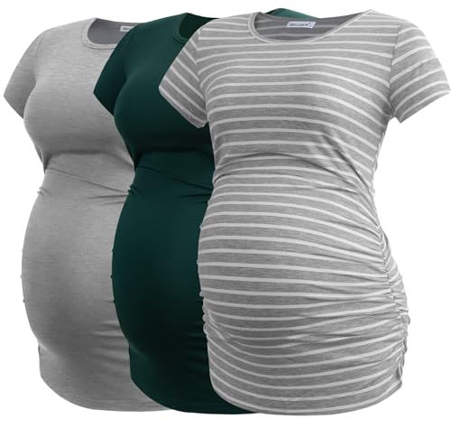 Smallshow Damen Umstandsmode Tops Seitlich Geraffte Schwangerschafts Umstandstop 3er Pack Deep Green-Light Grey-Light Grey Stripe XXL von Smallshow