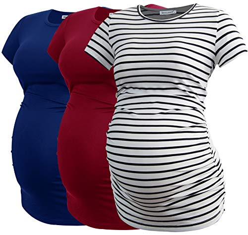 Smallshow Damen Umstandsmode Tops Seitlich Geraffte Schwangerschafts Umstandstop 3er Pack Navy-White Stripe-Wine Small von Smallshow