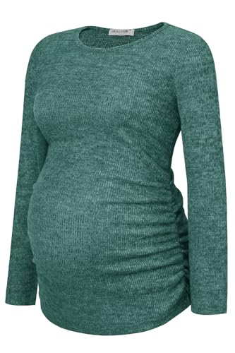 Smallshow Damen Umstandspullover Shirt Langarm Schwangerschaft Top Kleidung, Grau / Grün, XXL von Smallshow