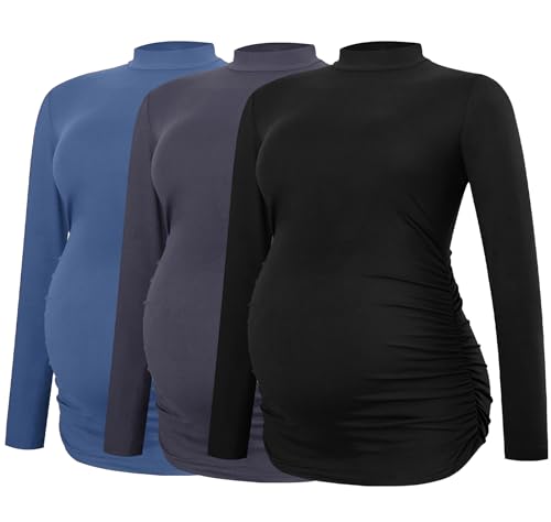 Smallshow Damen Umstandsshirts Rundhals Langarm Schwangerschaft Kleidung Tops 3er Pack, Schwarz-Dunkelgrau-Grau-Blau, X-Groß von Smallshow
