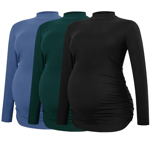 Smallshow Damen Umstandsshirts Rundhals Langarm Schwangerschaft Kleidung Tops 3er Pack, Schwarz-tiefgrün-grau-blau, XX-Large von Smallshow