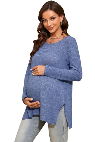 Smallshow Damen Umstandsshirts Seite Split Langarm Schwangerschaft Tops Kleidung, Grau, Blau, Klein von Smallshow