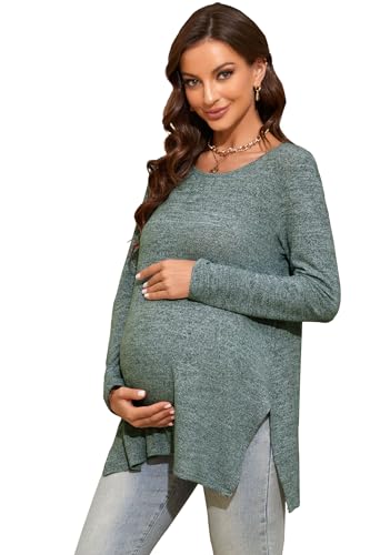 Smallshow Damen Umstandsshirts Seite Split Langarm Schwangerschaft Tops Kleidung, Grau / Grün, Mittel von Smallshow