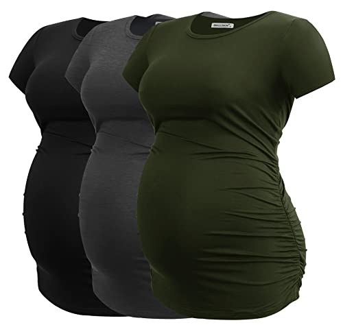 Smallshow Damen Umstandstop Seite gerafft Tunika T-Shirt Schwangerschaft Kleidung, Armeegrün-schwarz-dunkelgrau (3er-Pack)., Groß von Smallshow