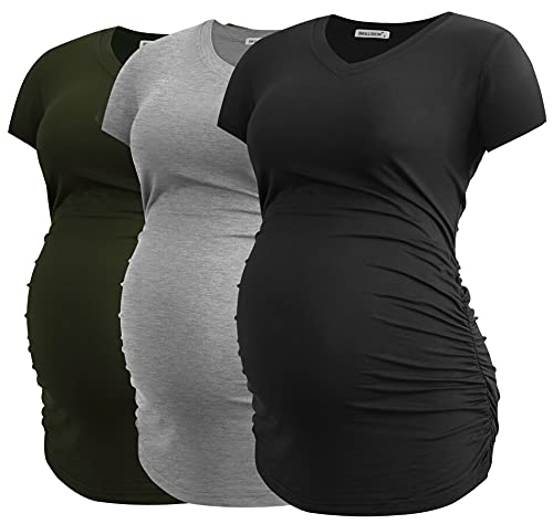 Smallshow Damen Umstandstop V Hals Schwangerschaft Seite Geraffte Umstandskleidung Tops T Shirt 3 Pack,Army Green-Black-Light Grey,M von Smallshow