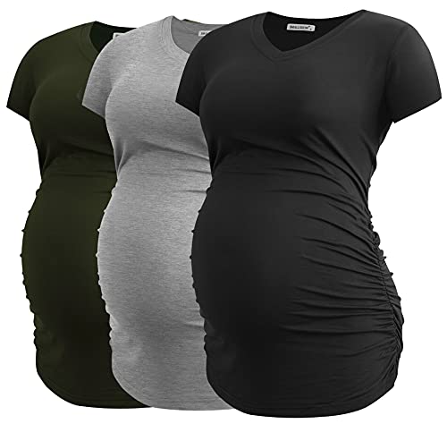 Smallshow Damen Umstandstop V Hals Schwangerschaft Seite Geraffte Umstandskleidung Tops T Shirt 3 Pack,Army Green-Black-Light Grey,XL von Smallshow