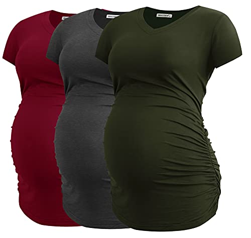 Smallshow Damen Umstandstop V Hals Schwangerschaft Seite Geraffte Umstandskleidung Tops T Shirt 3 Pack,Army Green-Deep Grey-Wine,L von Smallshow