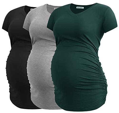 Smallshow Damen Umstandstop V Hals Schwangerschaft Seite Geraffte Umstandskleidung Tops T Shirt 3 Pack,Black-Deep Green-Light Grey,2XL von Smallshow