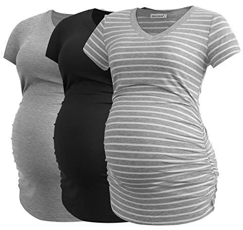 Smallshow Damen Umstandstop V Hals Schwangerschaft Seite Geraffte Umstandskleidung Tops T Shirt 3 Pack,Black-Light Grey-Light Grey Stripe,S von Smallshow