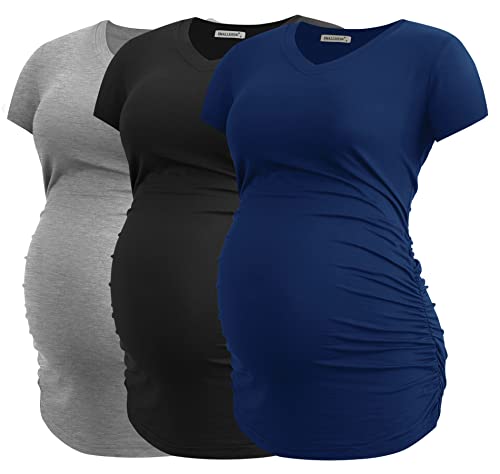 Smallshow Damen Umstandstop V Hals Schwangerschaft Seite Geraffte Umstandskleidung Tops T Shirt 3 Pack,Black-Light Grey-Navy,M von Smallshow