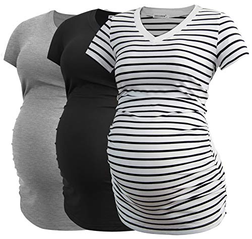 Smallshow Damen Umstandstop V Hals Schwangerschaft Seite Geraffte Umstandskleidung Tops T Shirt 3 Pack,Black-Light Grey-White Stripe,L von Smallshow
