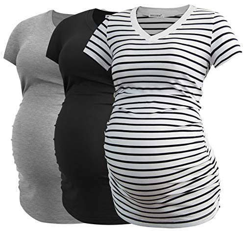 Smallshow Damen Umstandstop V Hals Schwangerschaft Seite Geraffte Umstandskleidung Tops T Shirt 3 Pack,Black-Light Grey-White Stripe,S von Smallshow