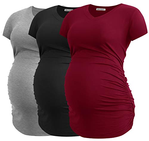 Smallshow Damen Umstandstop V Hals Schwangerschaft Seite Geraffte Umstandskleidung Tops T Shirt 3 Pack,Black-Light Grey-Wine,M Smallshow Damen Umstandstop V Hals Schwangerschaft Seite Geraffte Umstandskleidung Tops T Shirt 3 Pack,Black-Light Grey-Wine,M von Smallshow