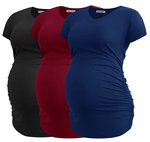 Smallshow Damen Umstandstop V Hals Schwangerschaft Seite Geraffte Umstandskleidung Tops T Shirt 3 Pack,Black-Navy-Wine,M von Smallshow