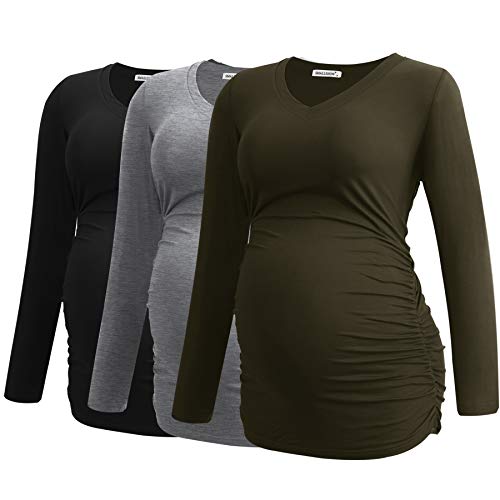 Smallshow Damen V-Ausschnitt Umstandsshirt Kleidung Langarm Geraffte Schwangerschaft Top, Armeegrün-schwarz-hellgrau (3er-Pack)., Mittel von Smallshow