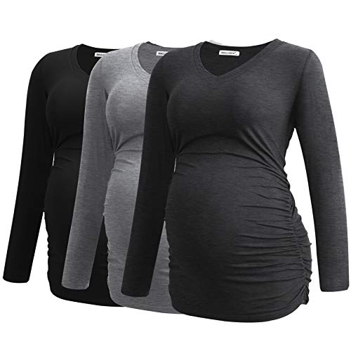 Smallshow Damen V-Ausschnitt Umstandsshirt Kleidung Langarm Geraffte Schwangerschaft Top, Schwarz-Dunkelgrau-Hellgrau (3er-Pack), X-Groß von Smallshow