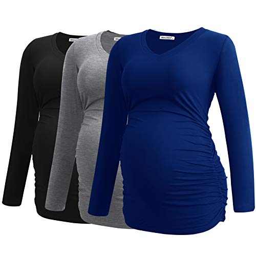Smallshow Damen V-Ausschnitt Umstandsshirt Kleidung Langarm Geraffte Schwangerschaft Top, Schwarz-Hellgrau-Marineblau (3er-Pack), Mittel von Smallshow