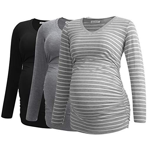 Smallshow Damen V-Ausschnitt Umstandsshirt Kleidung Langarm Geraffte Schwangerschaft Top, Schwarz-hellgrau-hellgrau-hellgraue Streifen (3er-Pack)., X-Groß von Smallshow